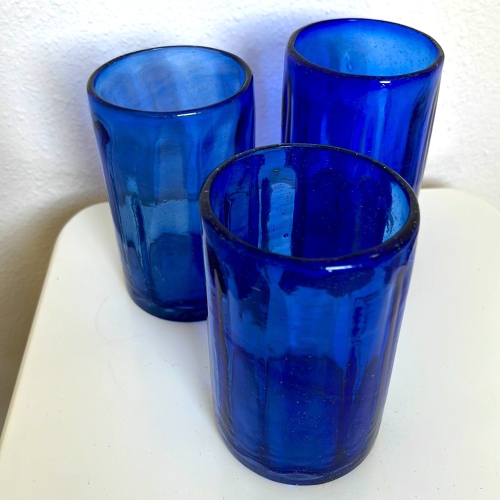 Set of 3 hand-blown cobalt blue glasses